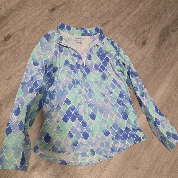 IBKUL Sun Swim Shirt Top M Vented Mesh LongSlv Collar BlueGreen Print GolfTennis - Picture 6 of 10